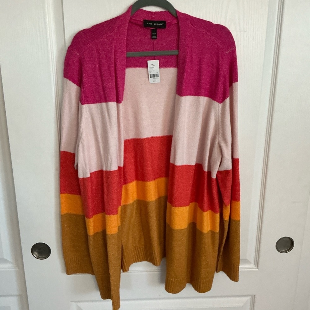 LANE BRYANT PLUS SIZE 22 24‎ LONG CARDIGAN COLORBLOCK SWEATER PINK RANGE YELLOW - Picture 2 of 7